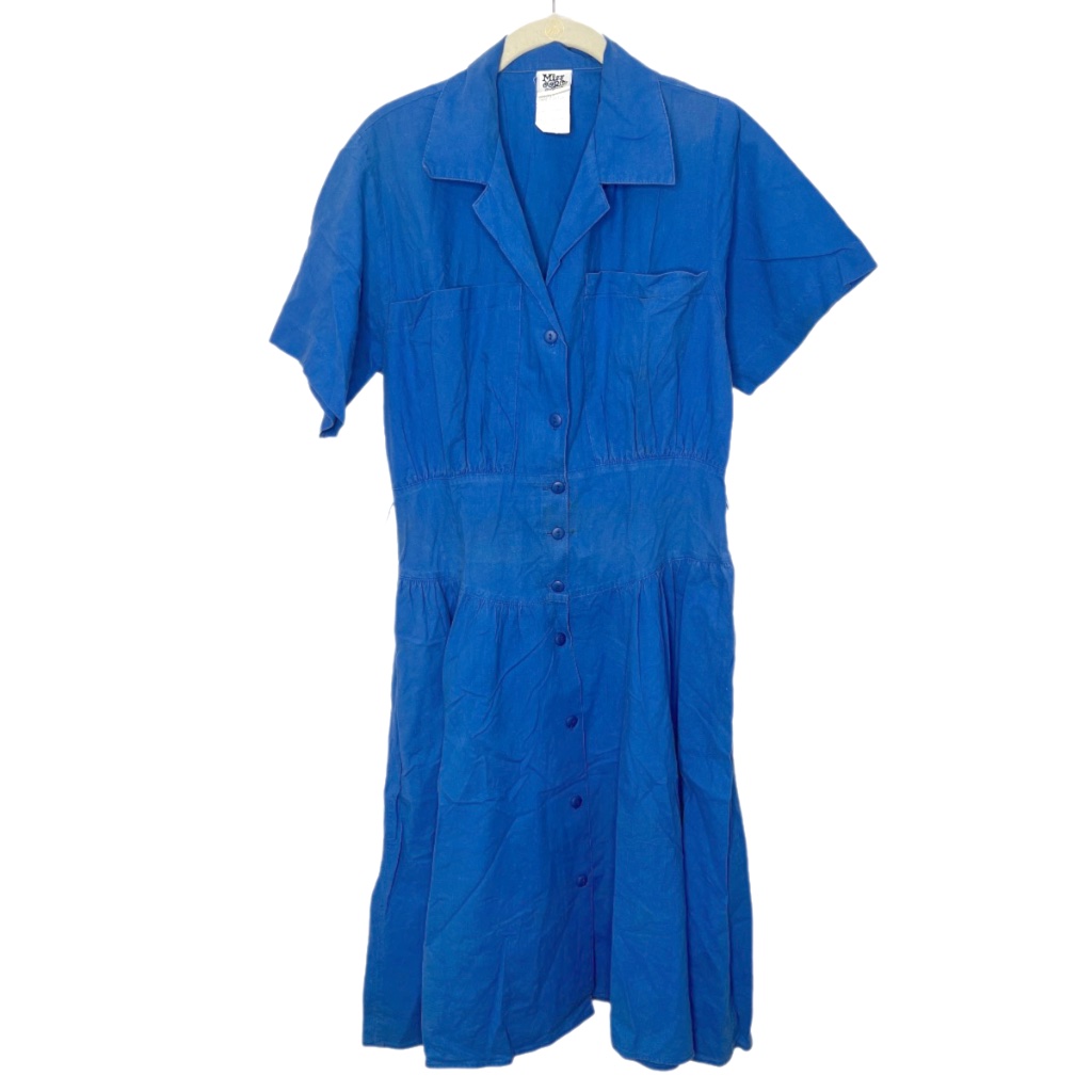 Vintage Miss Oops Blue Cotton Shirt Dress Short Sleeve Medium